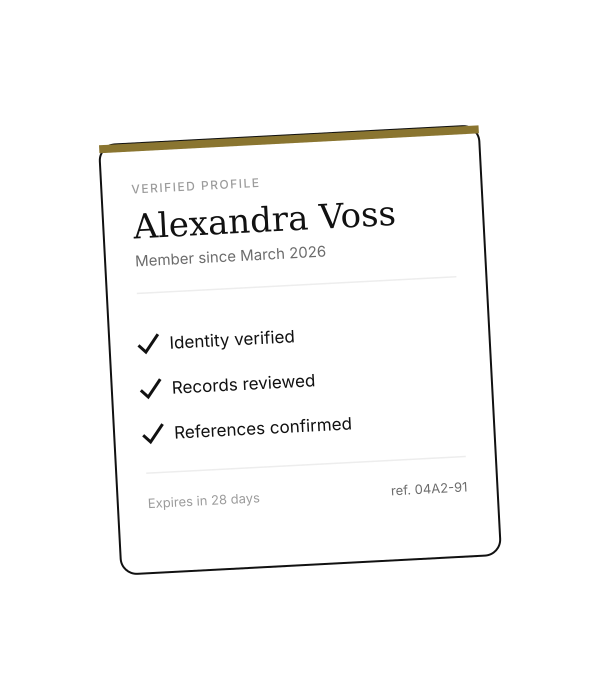 Example verified profile card for Alexandra Voss: identity verified, records reviewed, references confirmed